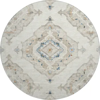 8' Linen Ivory And Blue Tribal Washable Round Rug With UV Protection