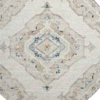 8' Linen Ivory And Blue Tribal Washable Round Rug With UV Protection