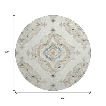 8' Linen Ivory And Blue Tribal Washable Round Rug With UV Protection