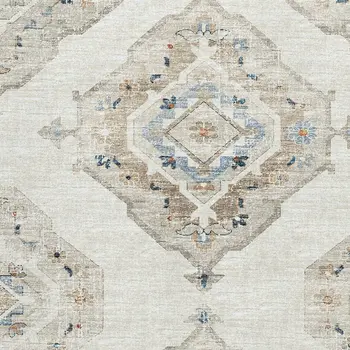 9' X 12' Linen Ivory And Blue Tribal Washable Area Rug With UV Protection
