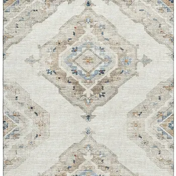 9' X 12' Linen Ivory And Blue Tribal Washable Area Rug With UV Protection