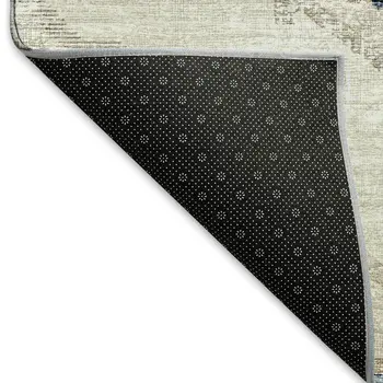 10' X 14' Linen Ivory And Blue Tribal Washable Area Rug With UV Protection