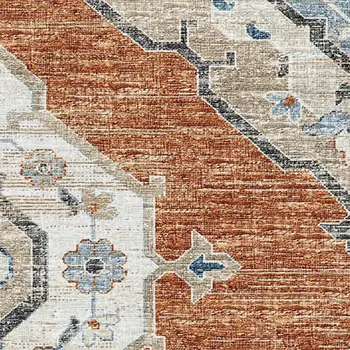 5' X 8' Terra Cotta Ivory And Blue Tribal Washable Area Rug With UV Protection