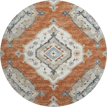 8' Terra Cotta Ivory And Blue Tribal Washable Round Rug With UV Protection