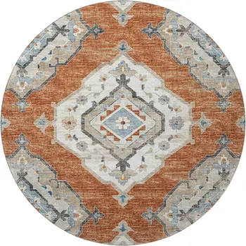 8' Terra Cotta Ivory And Blue Tribal Washable Round Rug With UV Protection