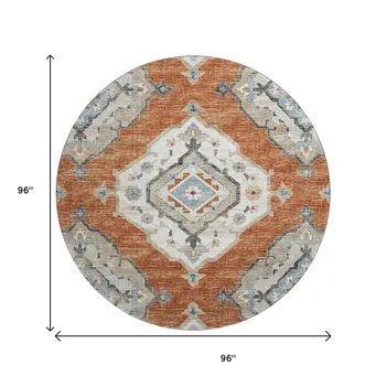 8' Terra Cotta Ivory And Blue Tribal Washable Round Rug With UV Protection