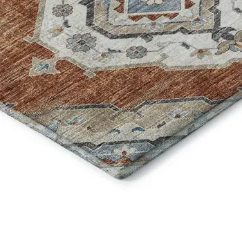 8' X 10' Terra Cotta Ivory And Blue Tribal Washable Area Rug With UV Protection