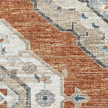 8' X 10' Terra Cotta Ivory And Blue Tribal Washable Area Rug With UV Protection