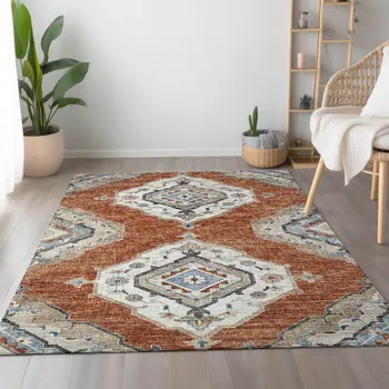 10' X 14' Terra Cotta Ivory And Blue Tribal Washable Area Rug With UV Protection