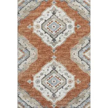 10' X 14' Terra Cotta Ivory And Blue Tribal Washable Area Rug With UV Protection