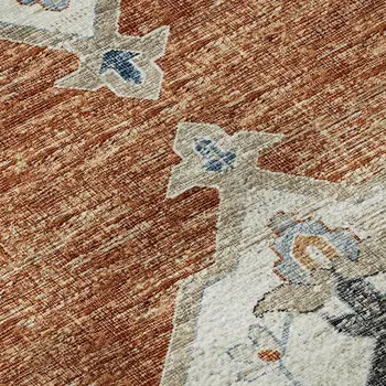 10' X 14' Terra Cotta Ivory And Blue Tribal Washable Area Rug With UV Protection