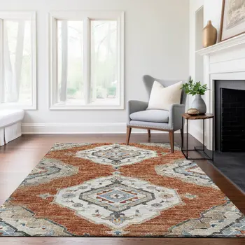 10' X 14' Terra Cotta Ivory And Blue Tribal Washable Area Rug With UV Protection