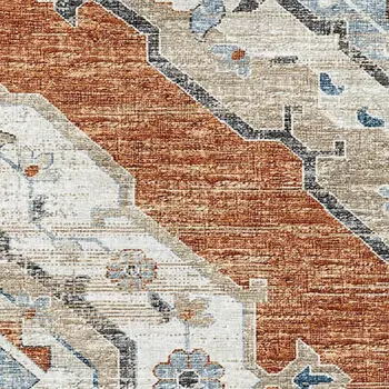 10' X 14' Terra Cotta Ivory And Blue Tribal Washable Area Rug With UV Protection
