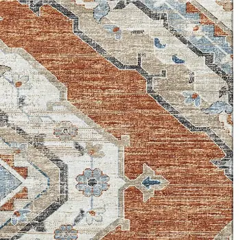 10' X 14' Terra Cotta Ivory And Blue Tribal Washable Area Rug With UV Protection