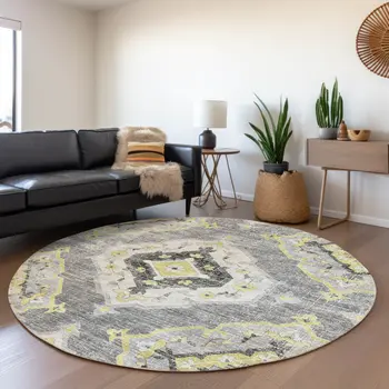 8' Silver Gold And Gray Tribal Washable Round Rug With UV Protection