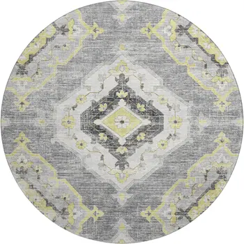8' Silver Gold And Gray Tribal Washable Round Rug With UV Protection