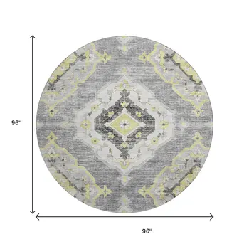 8' Silver Gold And Gray Tribal Washable Round Rug With UV Protection
