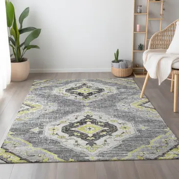 8' X 10' Silver Gold And Gray Tribal Washable Area Rug With UV Protection