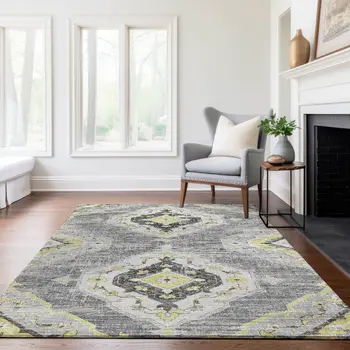 8' X 10' Silver Gold And Gray Tribal Washable Area Rug With UV Protection
