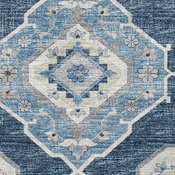 3' X 5' Blue And Ivory Tribal Washable Area Rug With UV Protection