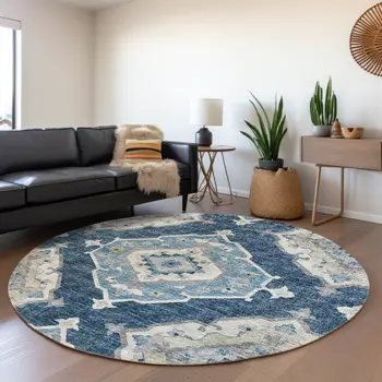8' Blue And Ivory Tribal Washable Round Rug With UV Protection