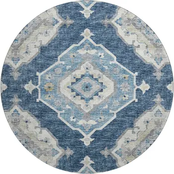 8' Blue And Ivory Tribal Washable Round Rug With UV Protection