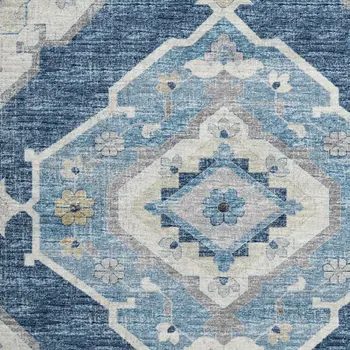 8' Blue And Ivory Tribal Washable Round Rug With UV Protection