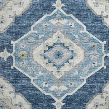 8' Blue And Ivory Tribal Washable Round Rug With UV Protection