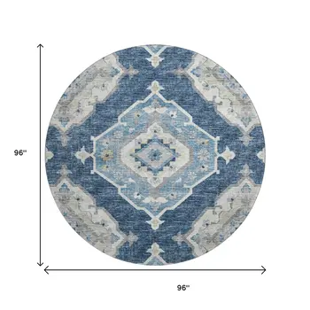 8' Blue And Ivory Tribal Washable Round Rug With UV Protection
