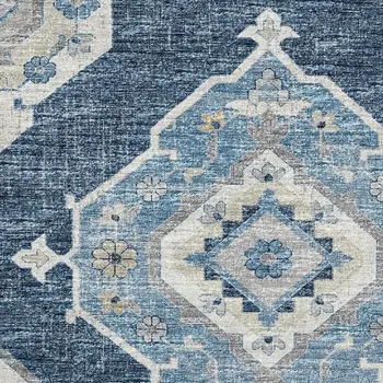 8' X 10' Blue And Ivory Tribal Washable Area Rug With UV Protection