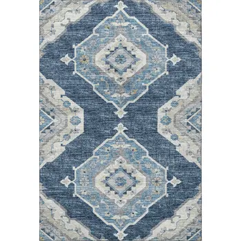 8' X 10' Blue And Ivory Tribal Washable Area Rug With UV Protection