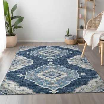 9' X 12' Blue And Ivory Tribal Washable Area Rug With UV Protection