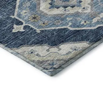 9' X 12' Blue And Ivory Tribal Washable Area Rug With UV Protection