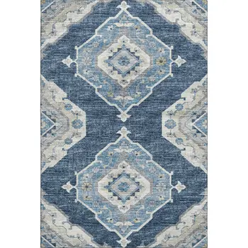 10' X 14' Blue And Ivory Tribal Washable Area Rug With UV Protection
