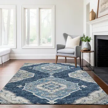 10' X 14' Blue And Ivory Tribal Washable Area Rug With UV Protection