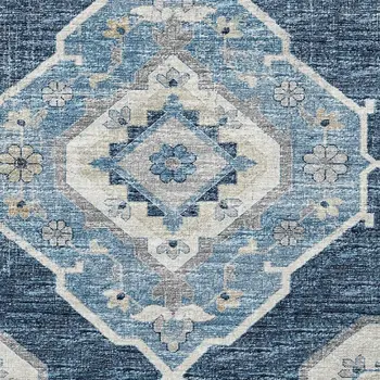 10' X 14' Blue And Ivory Tribal Washable Area Rug With UV Protection