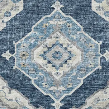 10' X 14' Blue And Ivory Tribal Washable Area Rug With UV Protection