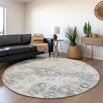 8' Light Gray And Charcoal Floral Medallion Washable Round Rug With UV Protection