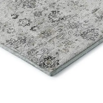 8' Light Gray And Charcoal Floral Medallion Washable Round Rug With UV Protection