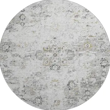 8' Light Gray And Charcoal Floral Medallion Washable Round Rug With UV Protection