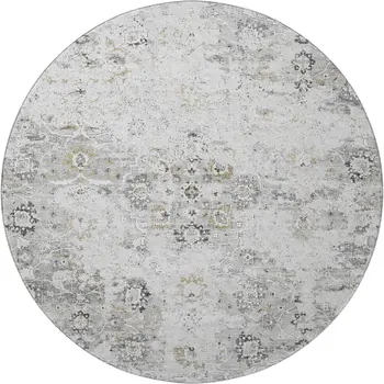 8' Light Gray And Charcoal Floral Medallion Washable Round Rug With UV Protection
