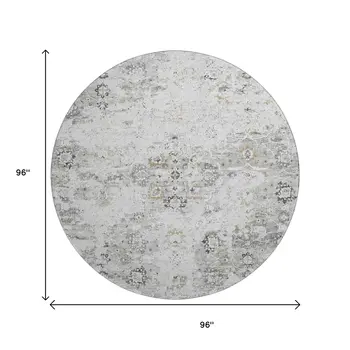 8' Light Gray And Charcoal Floral Medallion Washable Round Rug With UV Protection