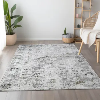 9' X 12' Light Gray And Charcoal Floral Medallion Washable Area Rug With UV Protection