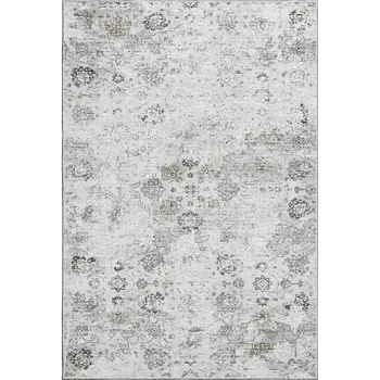 9' X 12' Light Gray And Charcoal Floral Medallion Washable Area Rug With UV Protection