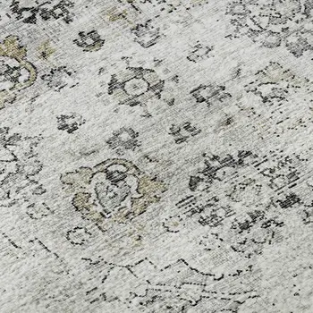 9' X 12' Light Gray And Charcoal Floral Medallion Washable Area Rug With UV Protection
