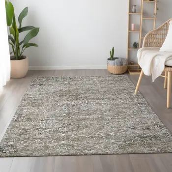 3' X 5' Stone And Coffee Floral Medallion Washable Area Rug With UV Protection