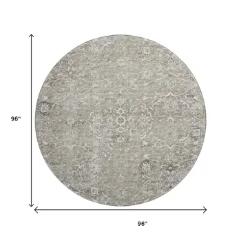 8' Stone And Coffee Floral Medallion Washable Round Rug With UV Protection