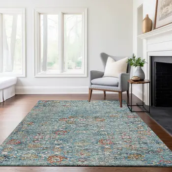 3' X 5' Blue Orange And Gold Floral Medallion Washable Area Rug With UV Protection