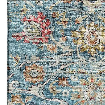 3' X 5' Blue Orange And Gold Floral Medallion Washable Area Rug With UV Protection