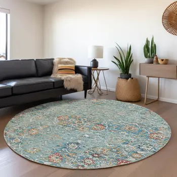 8' Blue Orange And Gold Floral Medallion Washable Round Rug With UV Protection